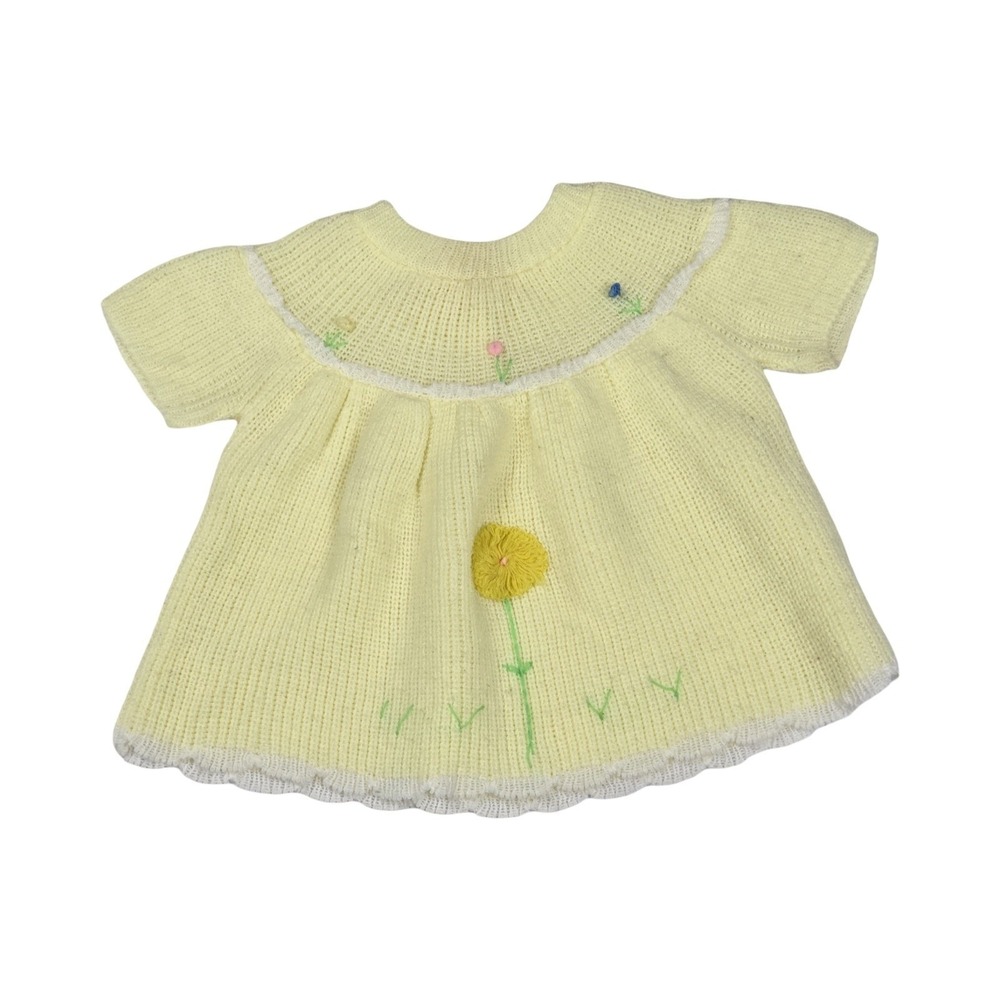 VTG‎ 60s, 70s Love Spun Pastel Yellow Knit Baby Dress Crewel Embroidered Floral